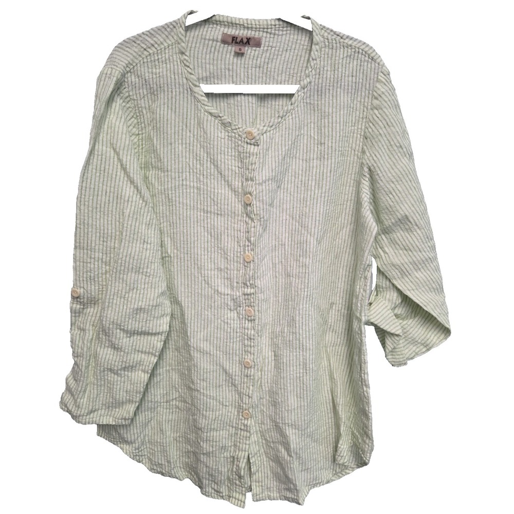 FLAX Linen Button Front Tunic Top Long Sleeve Relaxed S Green Stripes Seersucker